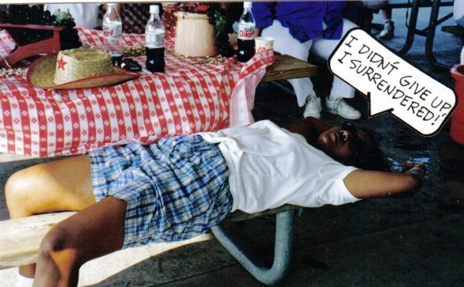 Alycia worn out at Longview Lake picnic, circa 1996