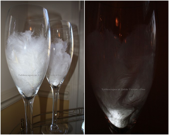 Feathers in champagne glasses collage