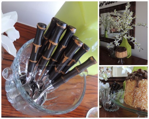 Buffet cake, flatware, lg. floral collage