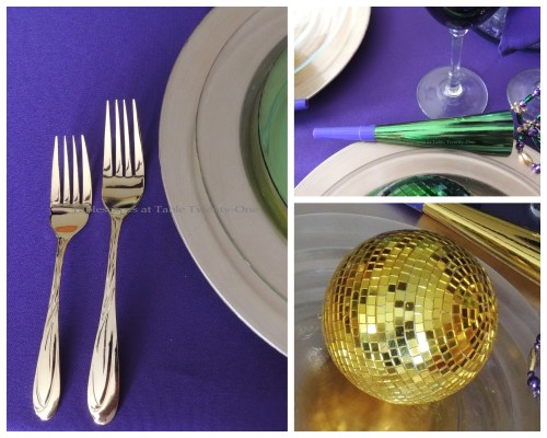 Flatware, gold disco ball, green horn collage