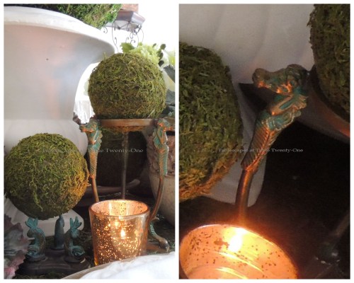 Moss balls on brass stand collage