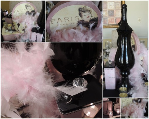 Pink boa & hat box centerpiece collage - Tablescapes at Table Twenty-One