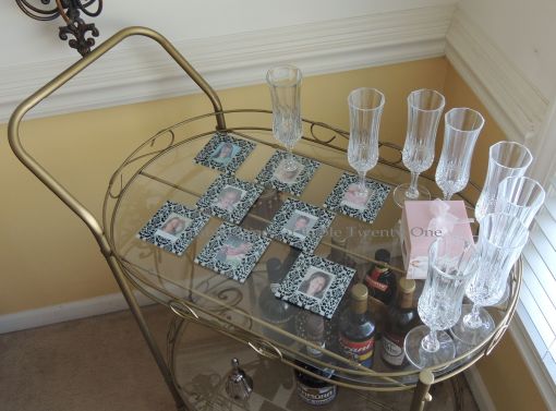 Tea cart with damask coasters from Beau-Coup.com - Tablescapes at Table Twenty-One