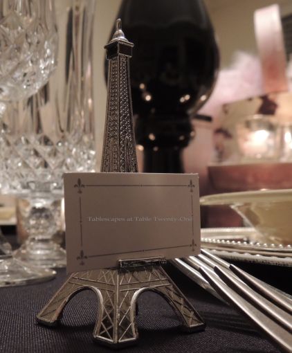 Eiffel Tower place card holder on French Poodle tablescape - Tablescapes at Table Twenty-One