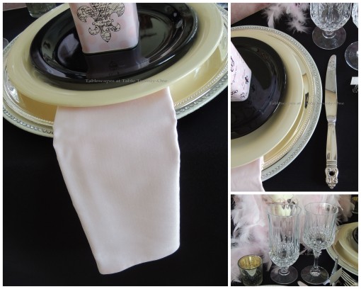 Flatware, stemware, napkin, rim shot collage for French Poodle tablescape - Tablescapes at Table Twenty-One