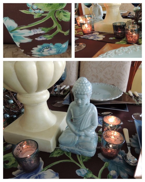 Tablescapes at Table Twenty-One: Float Like a Butterfly - Buddha, Votive, napkin pattern collage