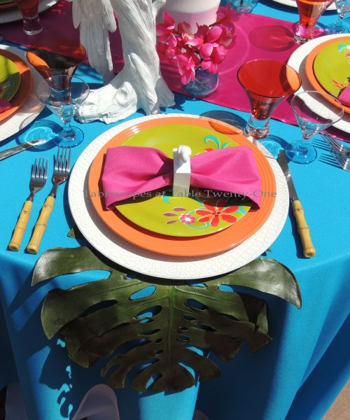 Tablescapes at Table Twenty-One - Place setting for tropical-themed tablescape