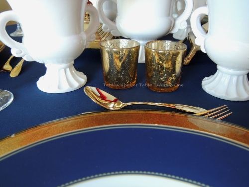 Tablescapes at Table Twenty-One – Lauren in the Library: gold mercury glass votive holders