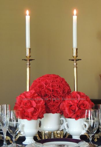 Tablescapes at Table Twenty-One – Lauren in the Library: Red rose ball centerpiece, front view