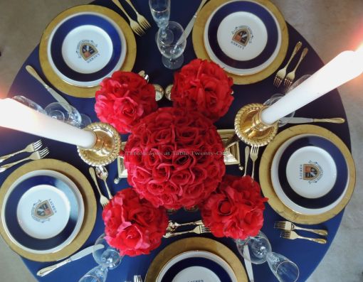 Tablescapes at Table Twenty-One – Lauren in the Library: Red rose ball centerpiece - overhead view