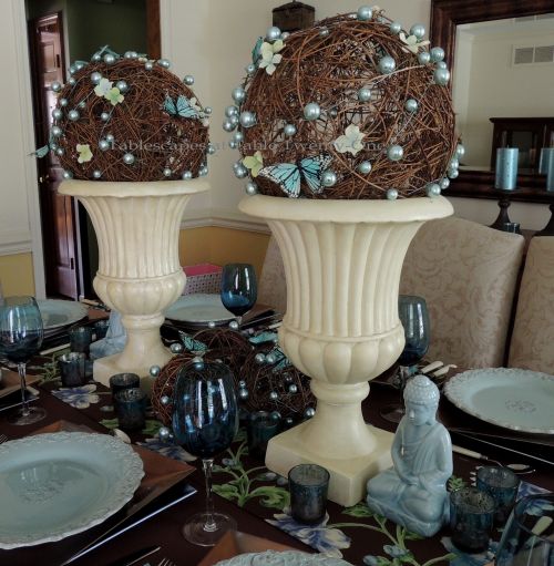 Tablescapes at Table Twenty-One: Float Like a Butterfly - Grapevine balls wrapped with Oasis MEGA Beaded Wire in "Ice Blue"