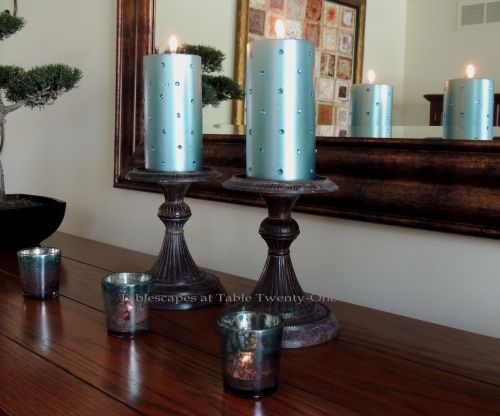 Tablescapes at Table Twenty-One: Float Like a Butterfly - Pillar candles with rhinestones from Z Gallerie