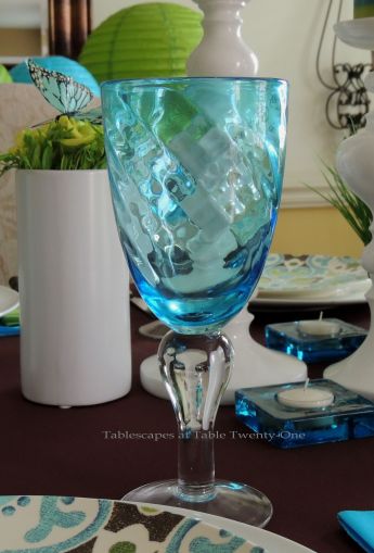 Tablescapes at Table Twenty-One - Butterfly Kaleidoscope: Turquoise stemware from Pier 1