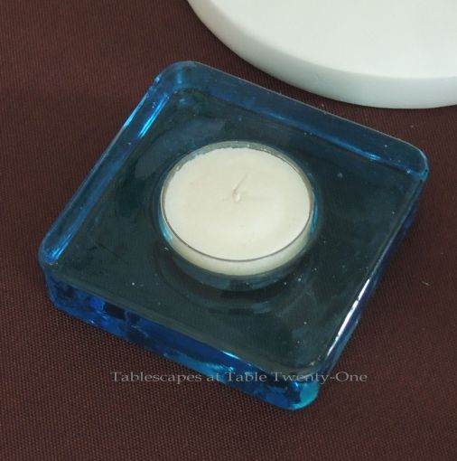 Tablescapes at Table Twenty-One - Butterfly Kaleidoscope: Deep turquoise square glass votive holder