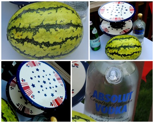 Cake plateaus, whole watermelon, Absolut collage