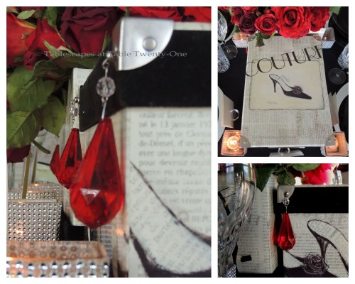 Tablescapes at Table Twenty-One – Diamonds Are a Material Girl’s Best Friend: Red rose, hat box and bling centerpiece collage