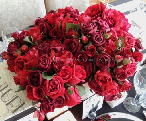 Tablescapes at Table Twenty-One – Diamonds Are a Material Girl’s Best Friend: Roses in hat box centerpiece