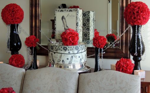 Tablescapes at Table Twenty-One – Diamonds Are a Material Girl’s Best Friend: Buffet decor using red roses, hat boxes, and lots of bling