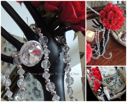 Tablescapes at Table Twenty-One – Diamonds Are a Material Girl’s Best Friend: Hand jewelry holder, bling, rose bouquet collage