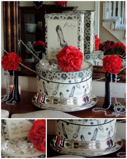 Tablescapes at Table Twenty-One – Diamonds Are a Material Girl’s Best Friend: Hat box, cake plateau, bling collage