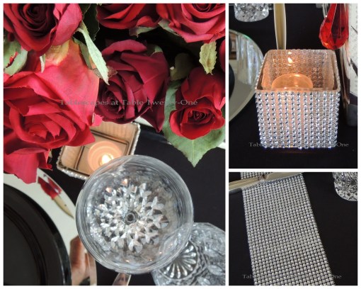 Tablescapes at Table Twenty-One – Diamonds Are a Material Girl’s Best Friend: Votive and bling runner collage