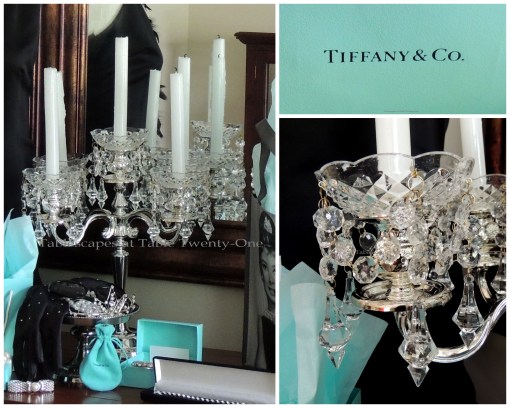 Tablescapes at Table Twenty-One - Breakfast at Tiffany's - Candelabra, bobeche, Tiffany logo collage