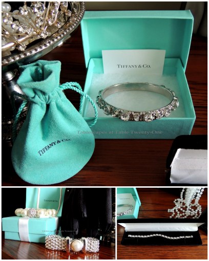 Tablescapes at Table Twenty-One - Breakfast at Tiffany's - Tiffany's boxes, pearl bracelets, tennis bracelet collage