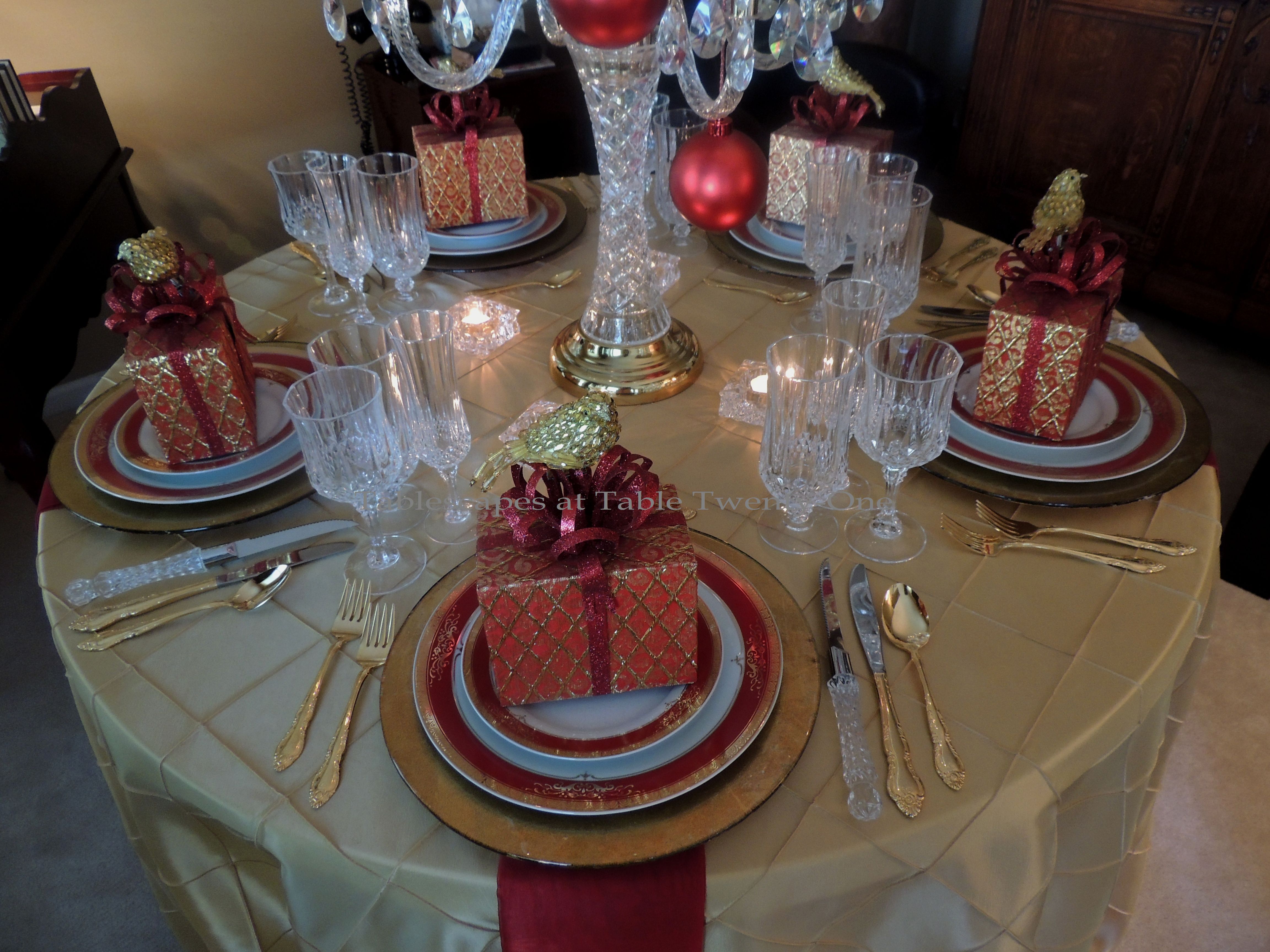 Tablescapes at Table Twenty-One: Christmas Through the Red Door - Tabletop in red & gold
