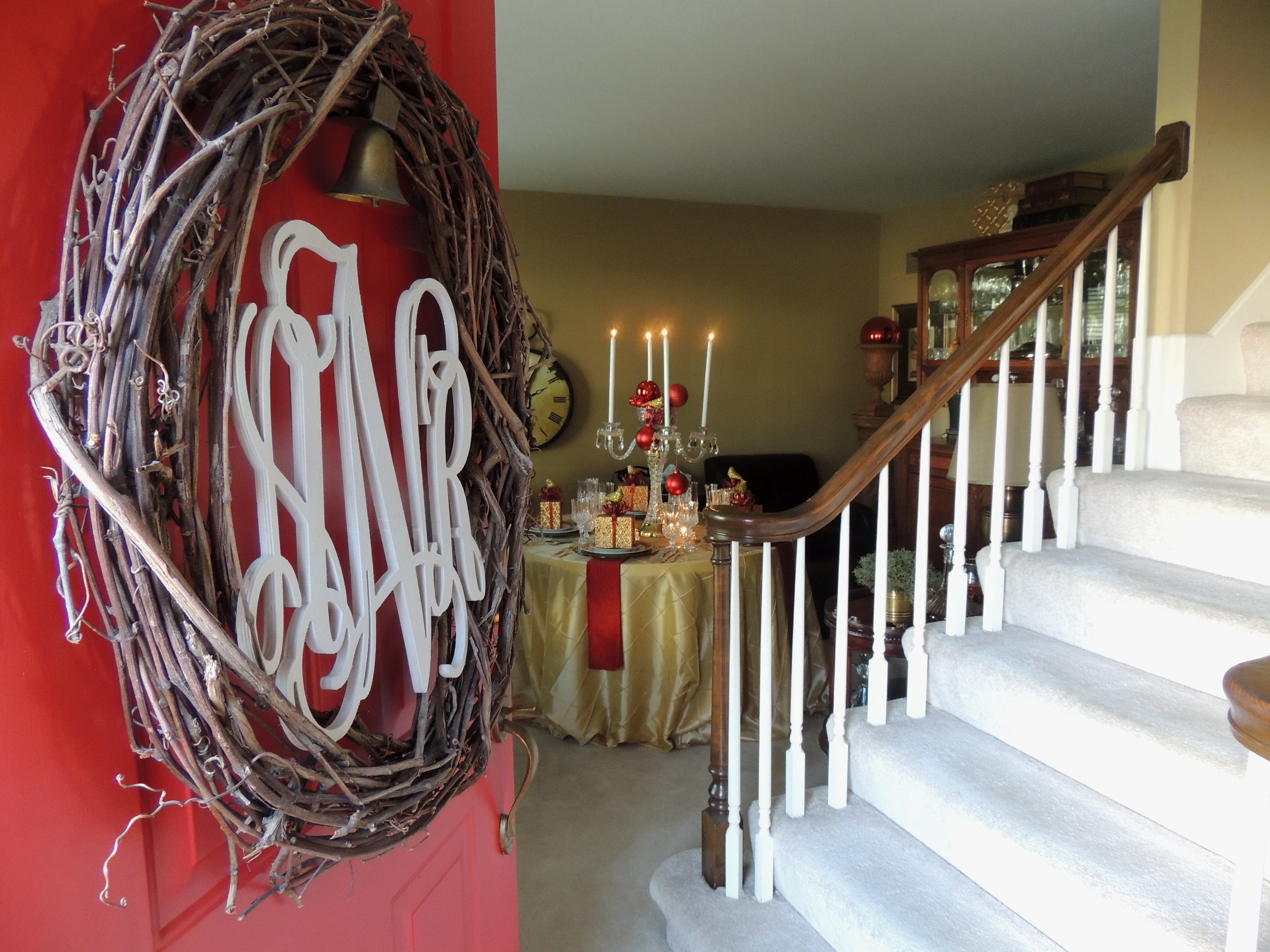 Tablescapes at Table Twenty- One: Front door wreath & library Christmas table in red & gold