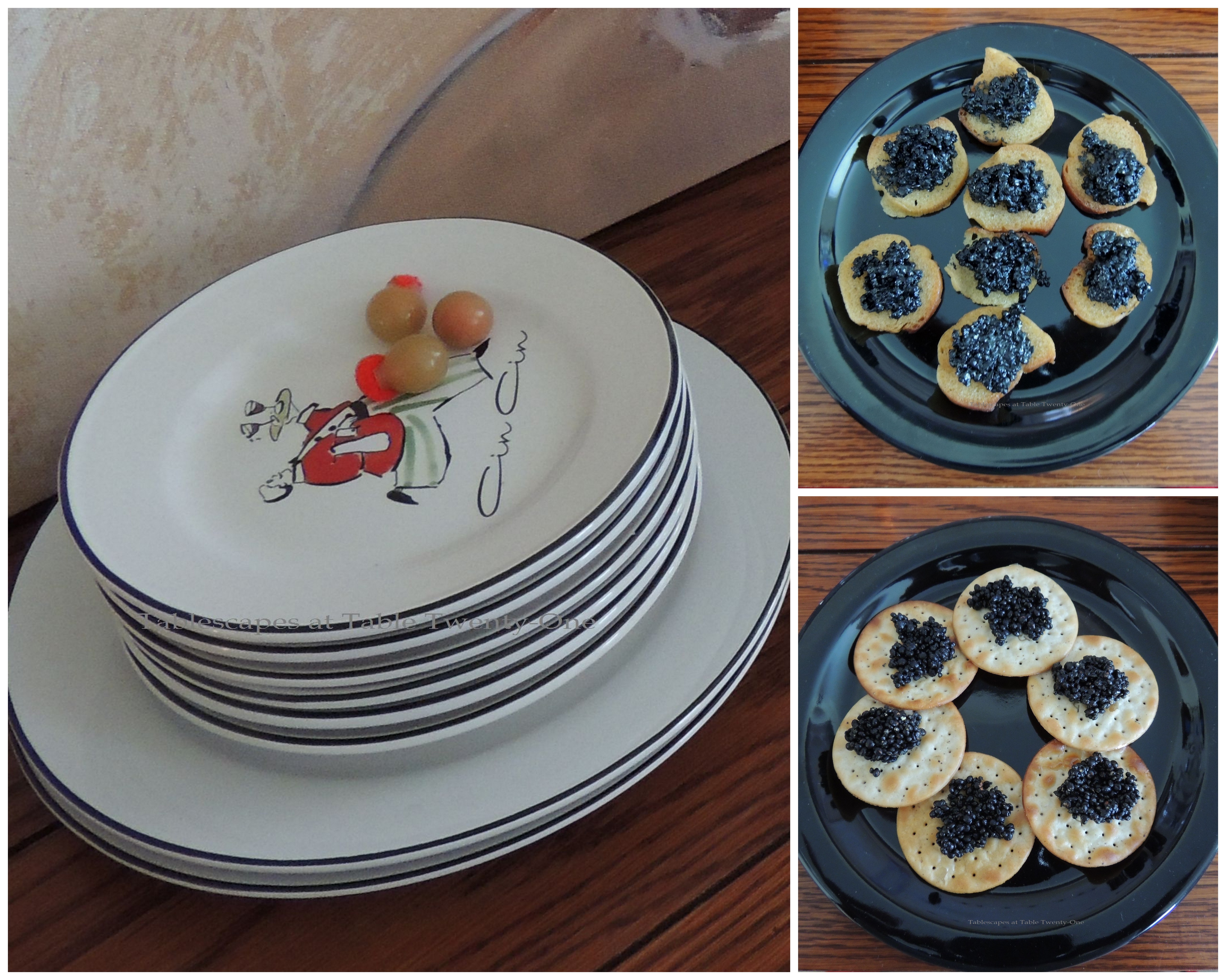 Tablescapes at Table Twenty-One, New Year’s Eve Tablescape – Hooray for Vodka!: Appetizer plates, caviar collage