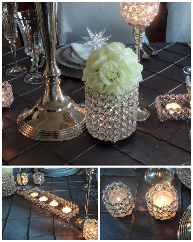 Tablescapes at Table Twenty-One, Platinum New Year's Eve Wedding: Centerpiece faceted candle holders collage
