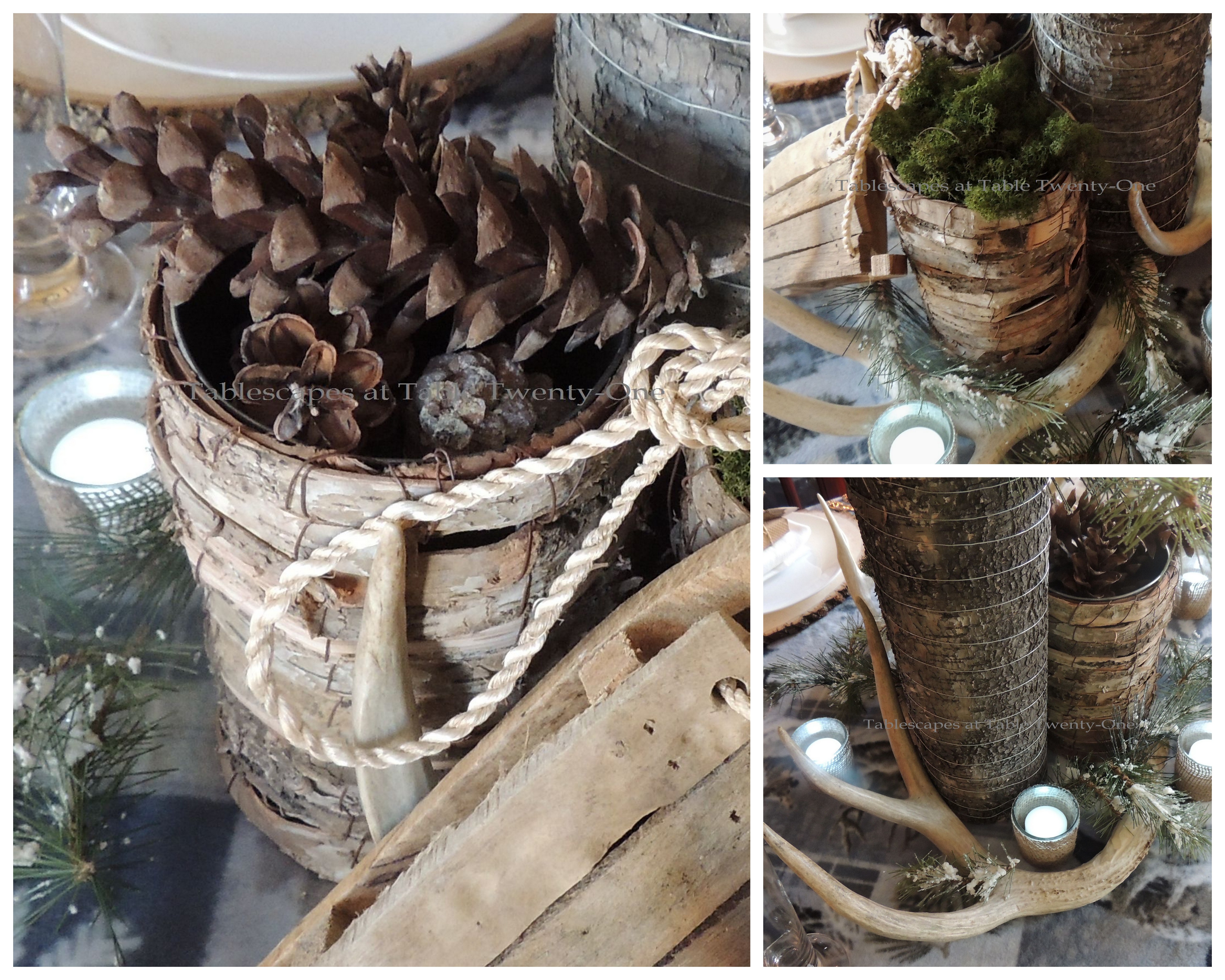 Tablescapes at Table Twenty-One, Woodland Men's Christmas Tablescape: Centerpiece vases, burlap votives, antlers collage