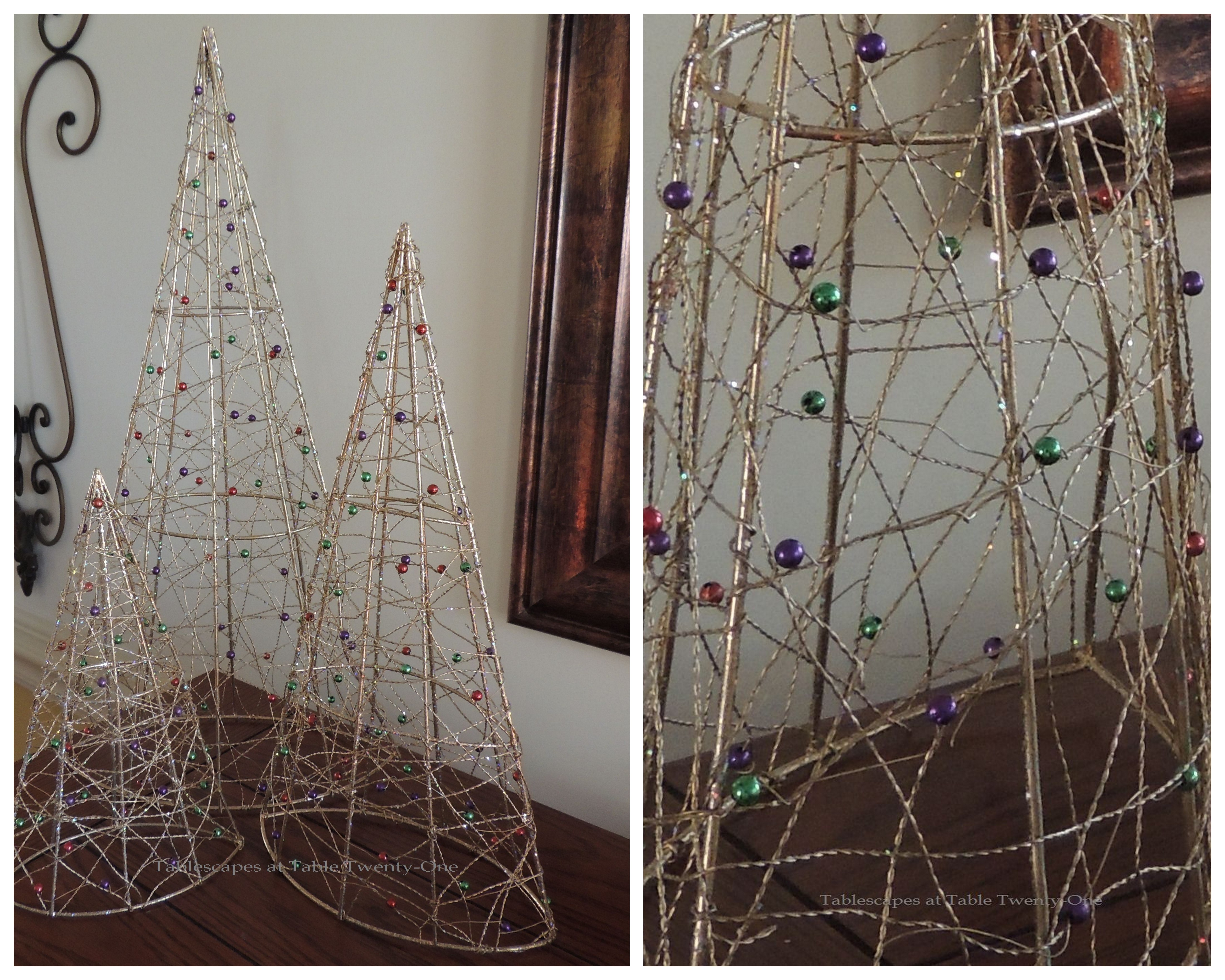 Tablescapes at Table Twenty-One, Merry & Bright Multi-Color Christmas: Gold metal Christmas trees