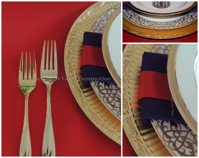 Tablescapes at Table Twenty-One, Merry & Bright Multi-Color Christmas: china rim shot, flatware, napkin treatment