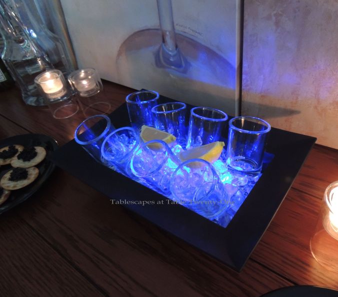 Tablescapes at Table Twenty-One, New Year’s Eve Tablescape – Hooray for Vodka!: Shot glasses in ice with lemon wedges