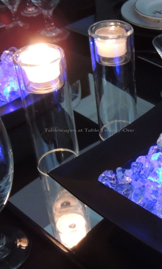 Tablescapes at Table Twenty-One, New Year’s Eve Tablescape – Hooray for Vodka!: Centerpiece double-decker glass votive holders