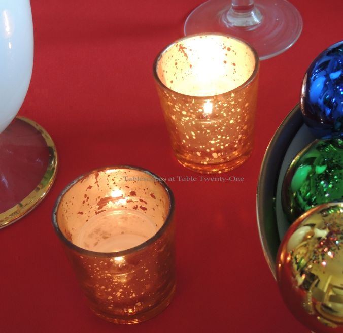 Tablescapes at Table Twenty-One, Merry & Bright Multi-Color Christmas: Gold mercury glass votive holders