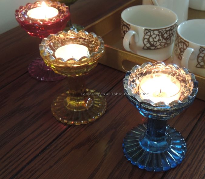 Tablescapes at Table Twenty-One, Merry & Bright Multi-Color Christmas: Colored mercury glass votive holders