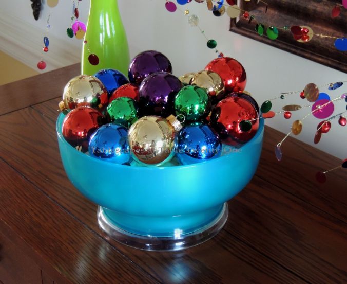 Tablescapes at Table Twenty-One, Kaleidoscope Christmas - Multi-Color Kids' Tablescape: Bowl of colorful Christmas ornaments