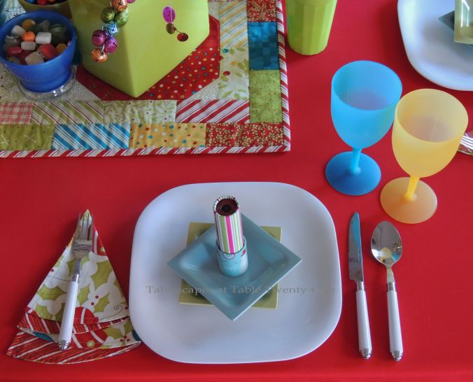Tablescapes at Table Twenty-One, Kaleidoscope Christmas - Multi-Color Kids' Tablescape: Place setting