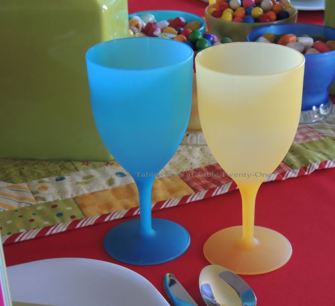 Tablescapes at Table Twenty-One, Kaleidoscope Christmas - Multi-Color Kids' Tablescape: Molded plastic stemware