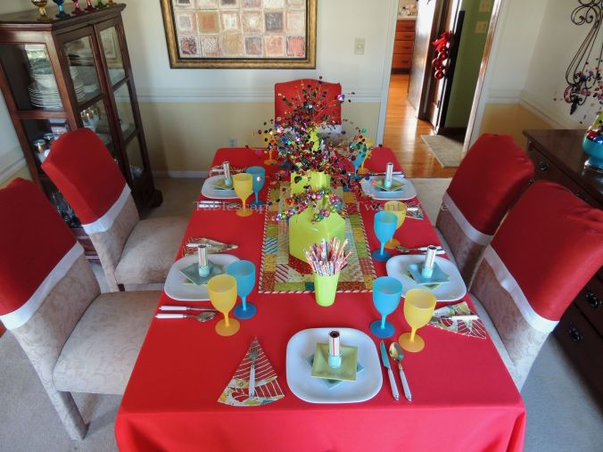 Tablescapes at Table Twenty-One, Kaleidoscope Christmas - Multi-Color Kids' Tablescape: table lengthwise