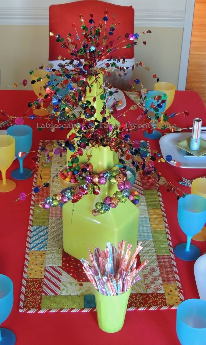 Tablescapes at Table Twenty-One, Kaleidoscope Christmas - Multi-Color Kids' Tablescape: Full centerpiece