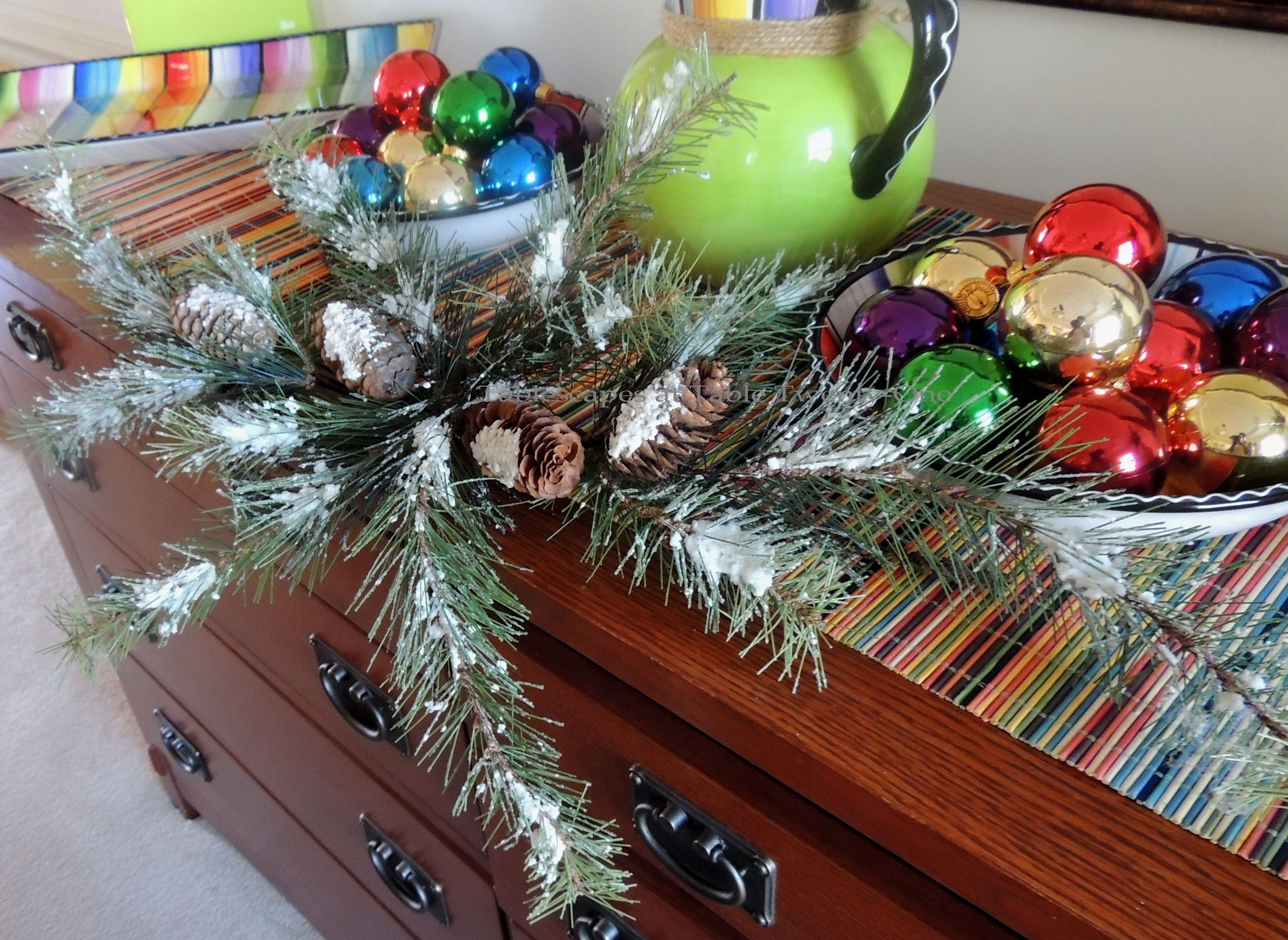 Tablescapes at Table Twenty-One – Christmas Fiesta: Greenery on buffet