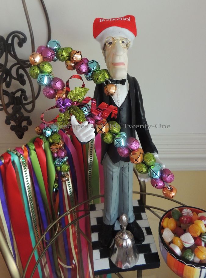 Tablescapes at Table Twenty-One – Christmas Fiesta: "Bennington" the Butler with jingle bell candy cane
