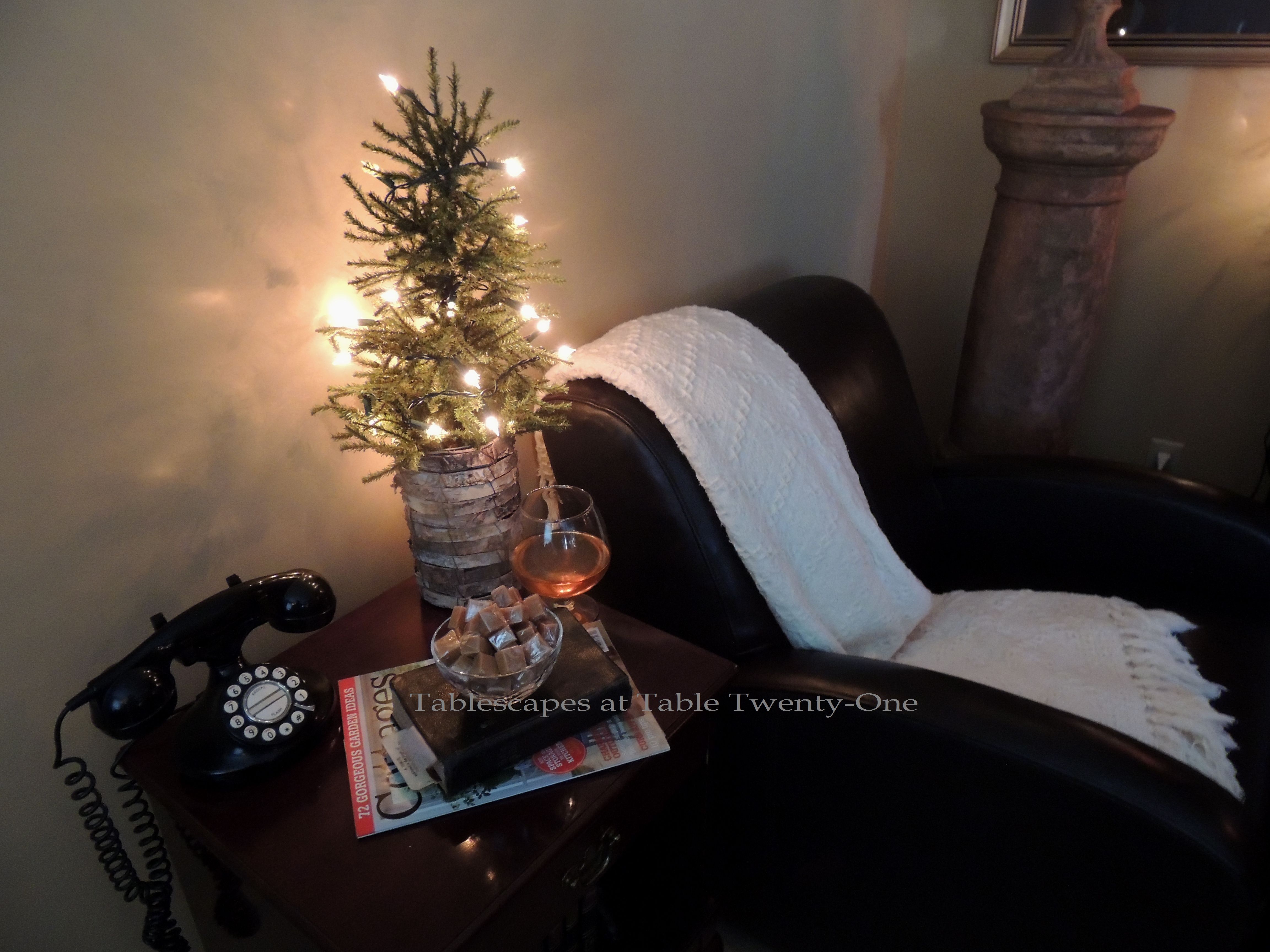 Tablescapes at Table Twenty-One, Woodland Men's Christmas Tablescape: Leather chair with side table