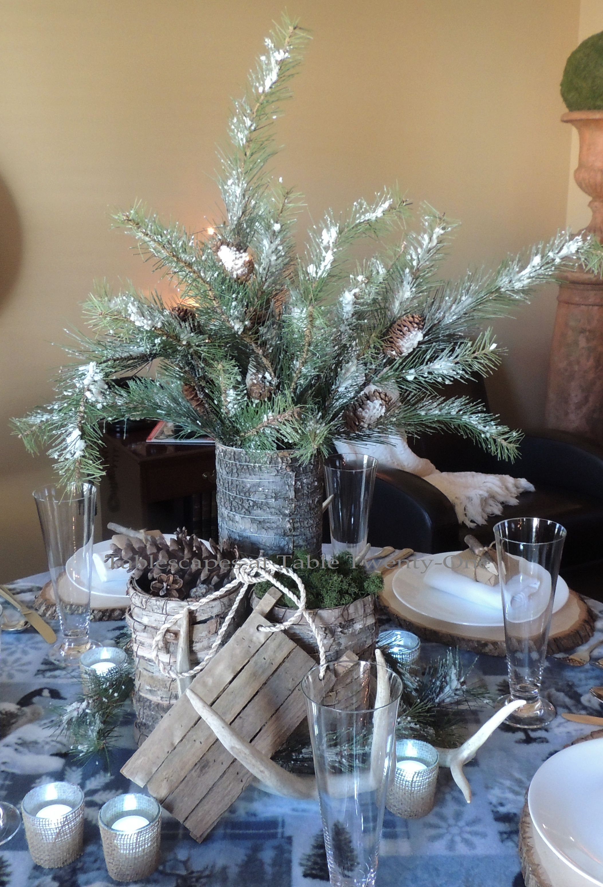 Tablescapes at Table Twenty-One, Woodland Men's Christmas Tablescape: Full centerpiece