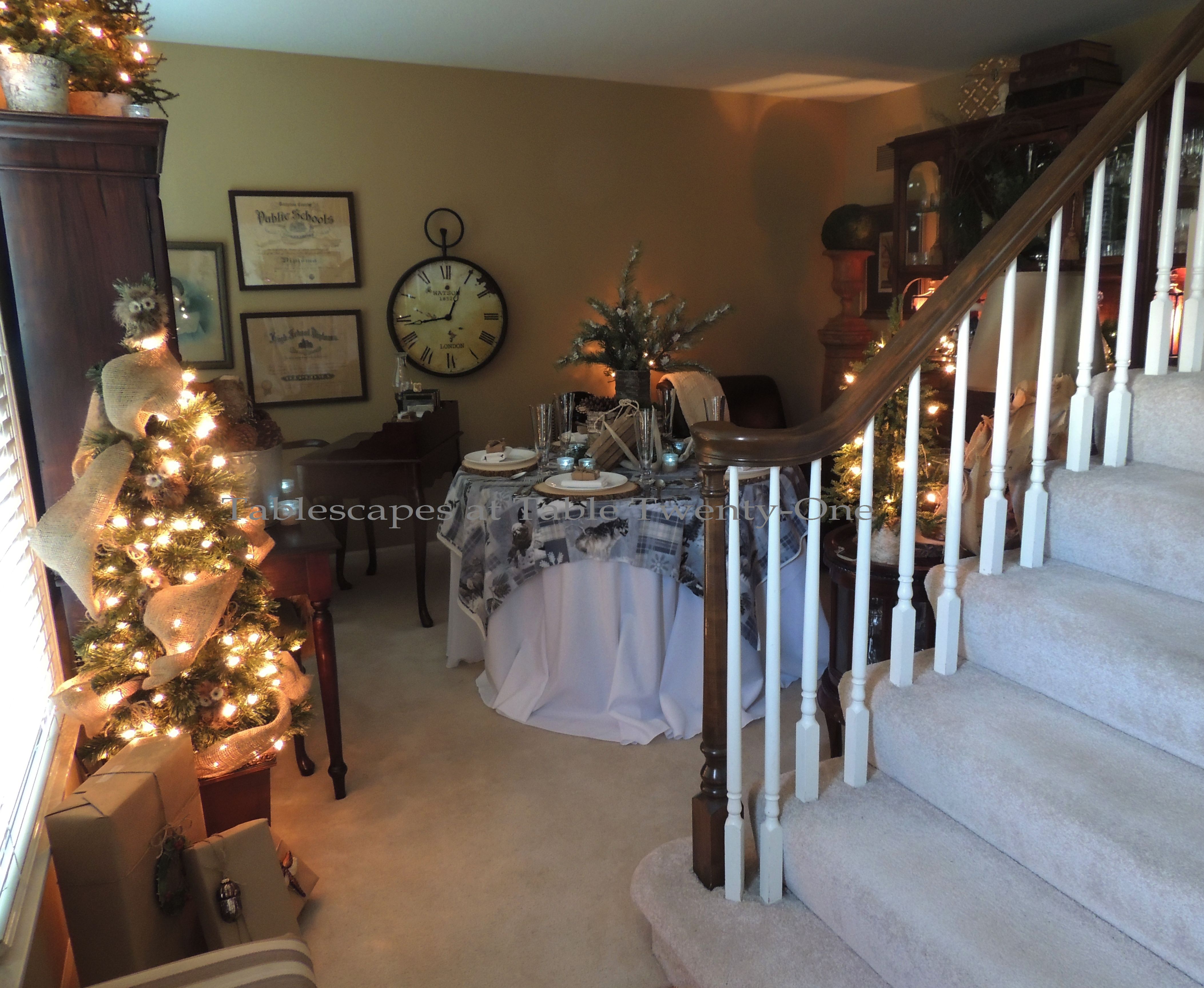 Tablescapes at Table Twenty-One, Woodland Men's Christmas Tablescape: Full room from front entry