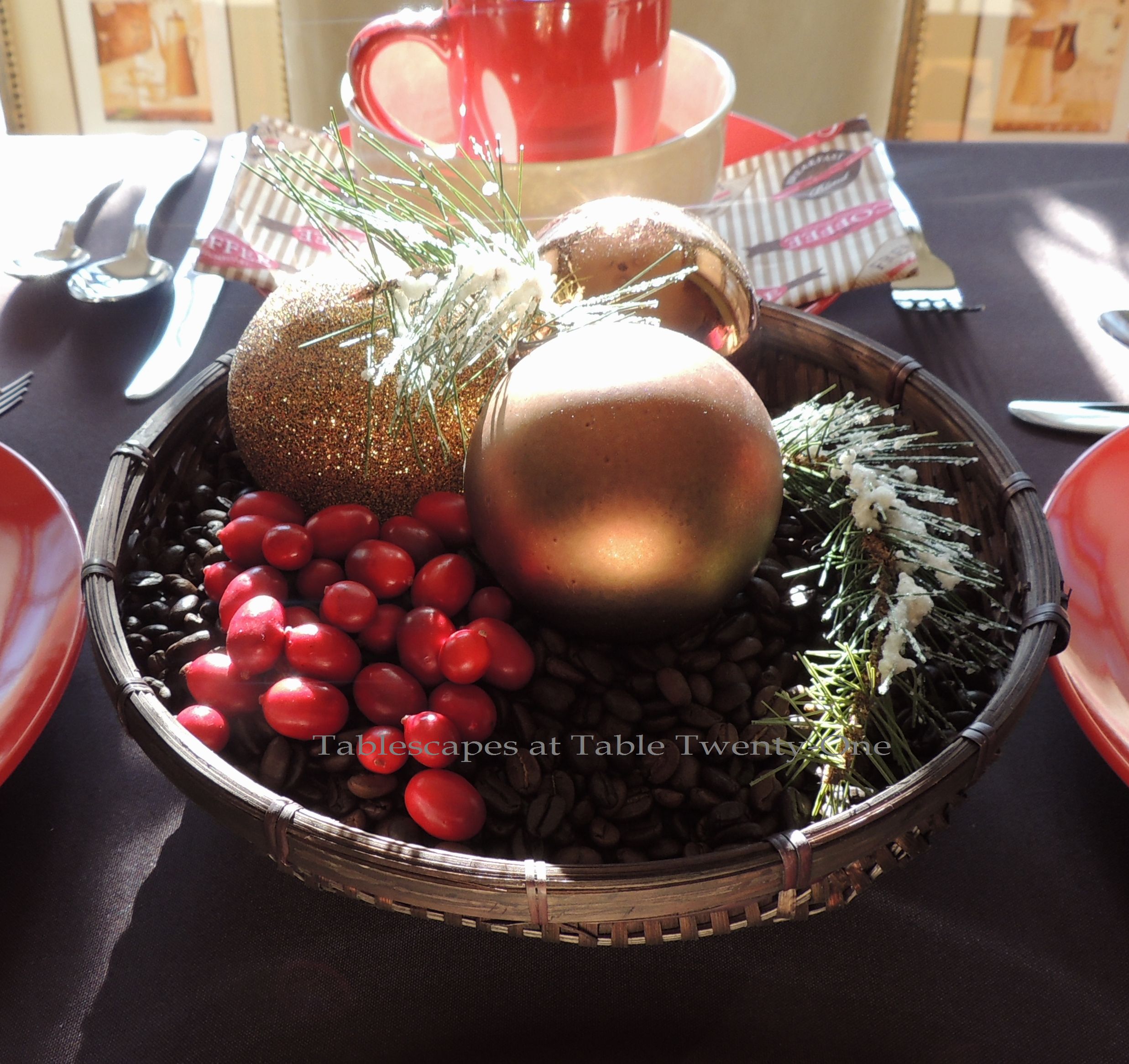 Tablescapes at Table Twenty-One, Christmas Coffee: Coffee bean/cranberry enterpiece