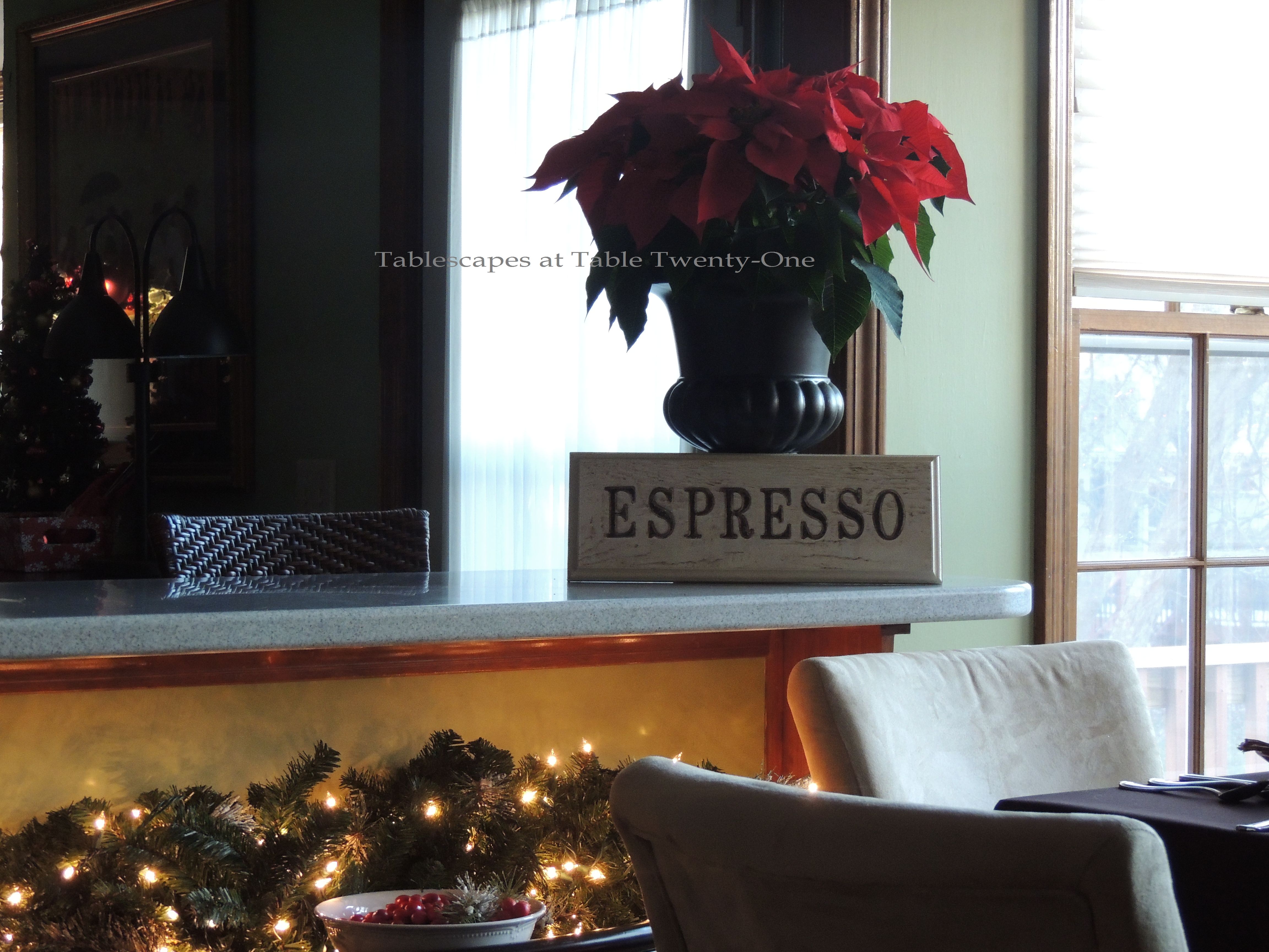 Tablescapes at Table Twenty-One, Christmas Coffee: Poinsettia on breakfast bar